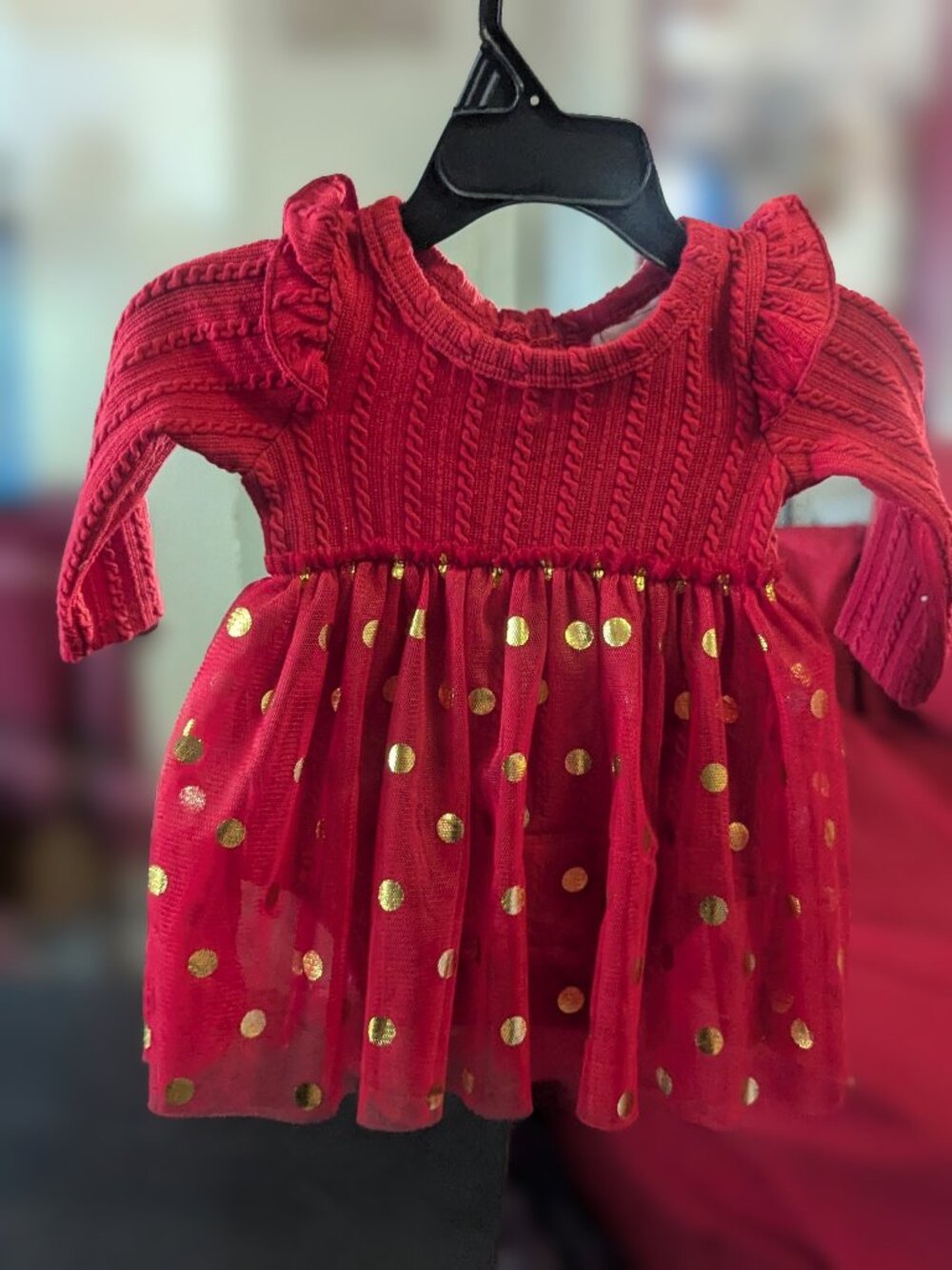Baby Dress - 3-month-old - Ruffle Red with Gold Polka Dots.